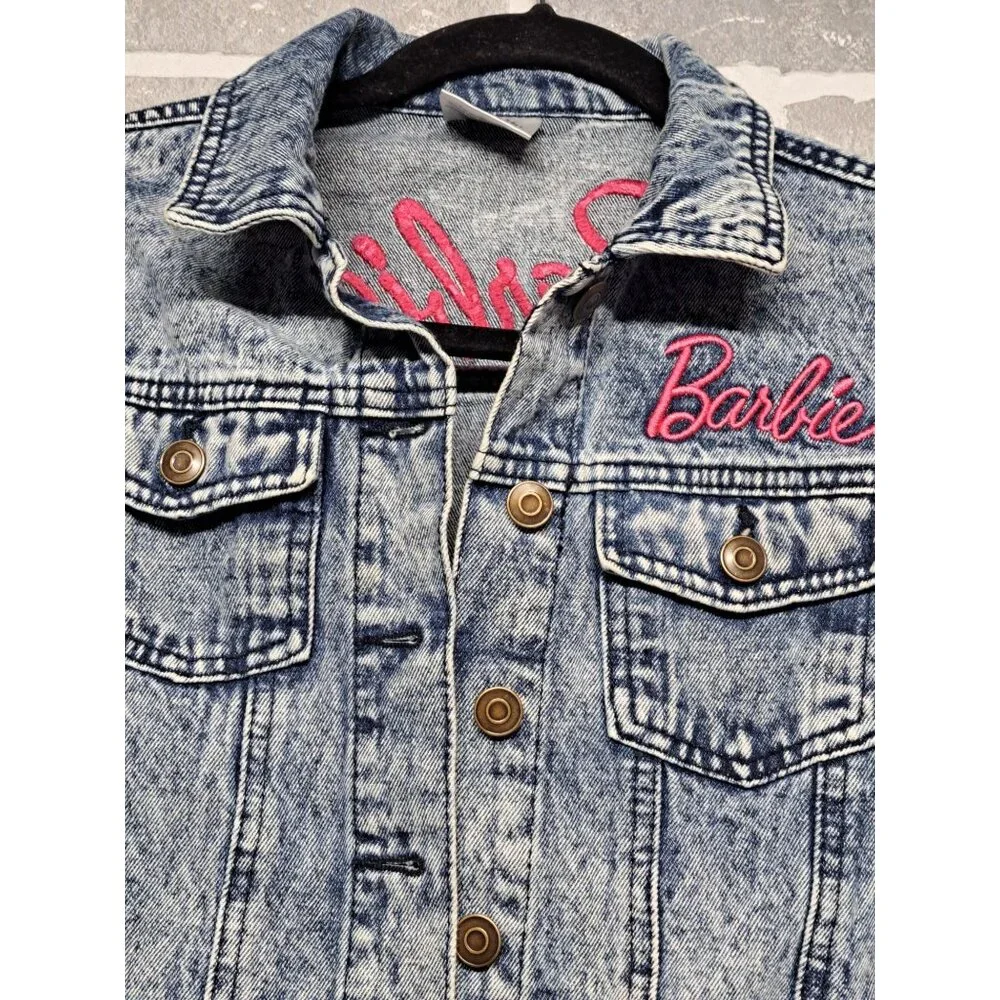 Barbie Girl's Blue Acid Wash Pink Embroidered Jean Denim Jacket Girl Size Medium
